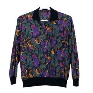 Vintage 80s Glam Blouse Gianna Floral Artsy Banded Bottom Button Front Medium
